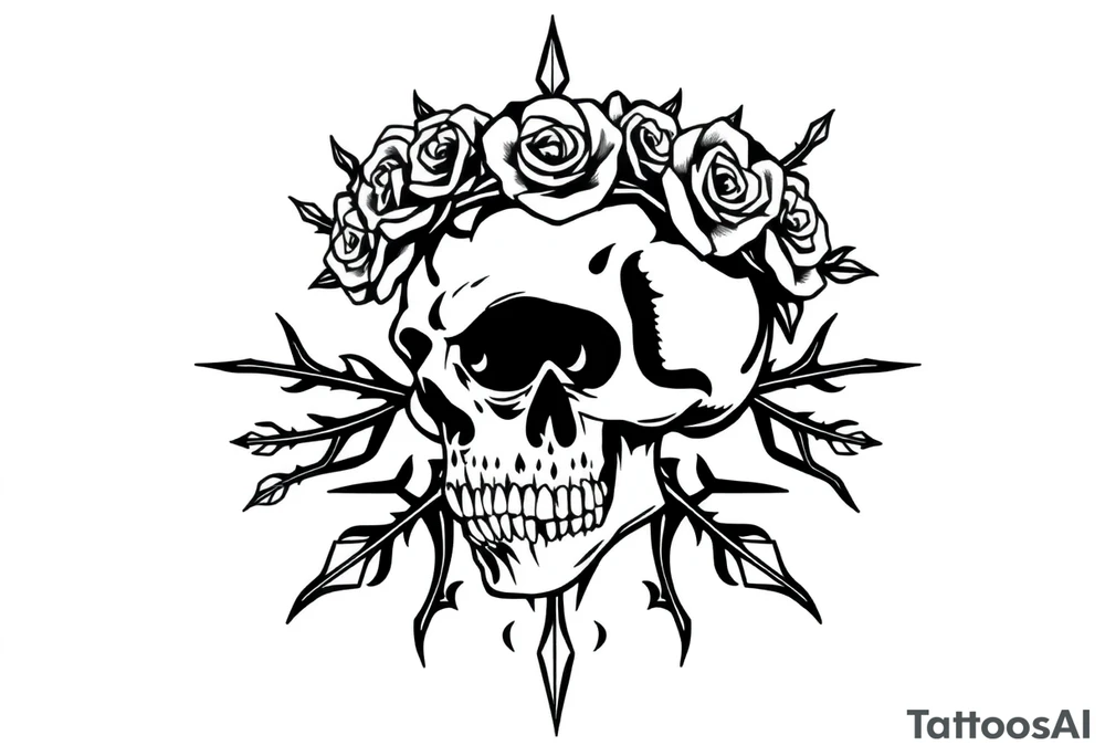 ornate skull adorned with crown of wild roses and thorns tattoo idea
