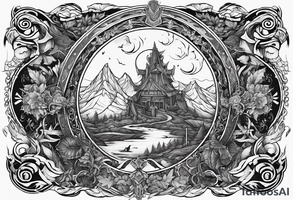 A full back tattoo depicting the journey through life according to Norse mythology tattoo idea