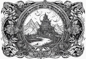 A full back tattoo depicting the journey through life according to Norse mythology tattoo idea