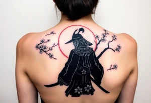 noble samurai warrior silhouette at sunset with cherry blossoms tattoo idea