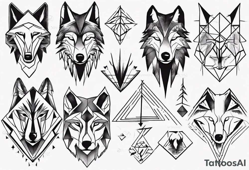 Wolf's face with geometric shapes and impressions of a forest tattoo idea