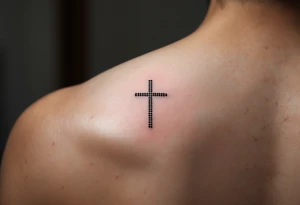 AA simple dot-style cross binked in deep black, with the word "Strong" in clean sans-serif under the other eye on man face under a man’s right eye. tattoo idea