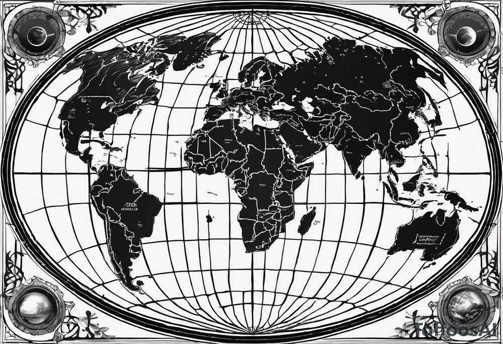 the earth on a flat map with no shading placed on a grid with only the lines with accurate depictions of the borders in countries while having it in an oval/circular position on a grid without any borders on the sides while having the countries not have such bold borders tattoo idea