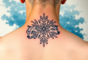 A white snowflake on Blue watercolor backround with two wolfs tattoo idea