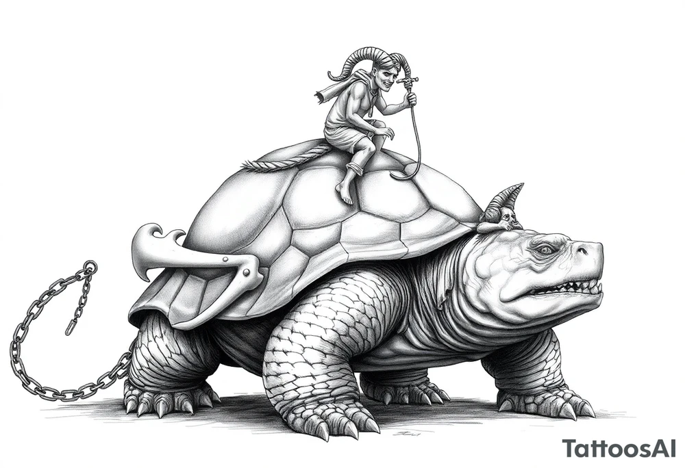 A giant walking 2 slaves on a chain leashan angry turtle with goat horns and huge teeth with a little man riding on his back tattoo idea