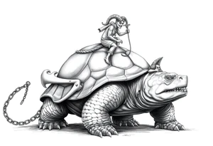 A giant walking 2 slaves on a chain leashan angry turtle with goat horns and huge teeth with a little man riding on his back tattoo idea