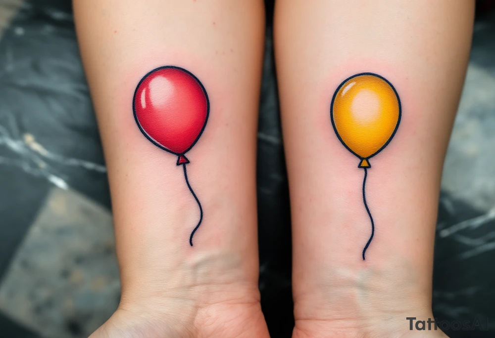 Two matching colorful balloons, the first bright red and the second bright yellow, placed on each person’s forearm. tattoo idea