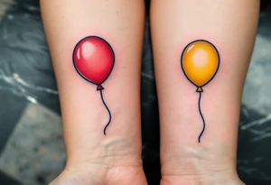 Two matching colorful balloons, the first bright red and the second bright yellow, placed on each person’s forearm. tattoo idea