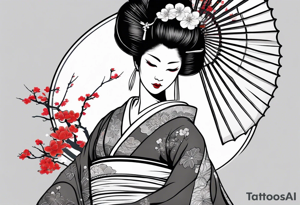 Geisha with a dress and a fan, traditional japanese style, white background tattoo idea