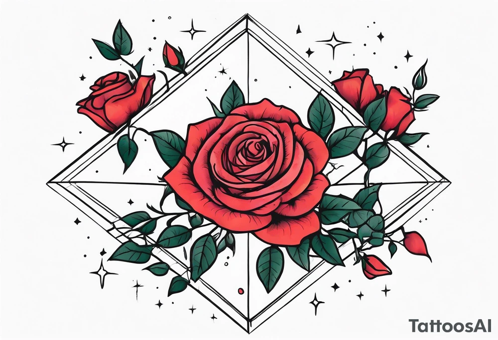 Vertically elongated tesseract with small roses and stars around it tattoo idea