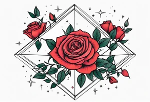 Vertically elongated tesseract with small roses and stars around it tattoo idea