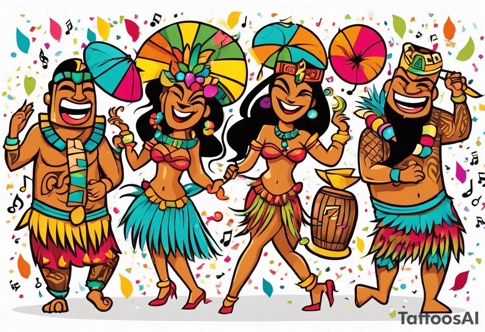 tiki party with dancing tiki guys and sexy tiki girls with music notes and confetti tattoo idea