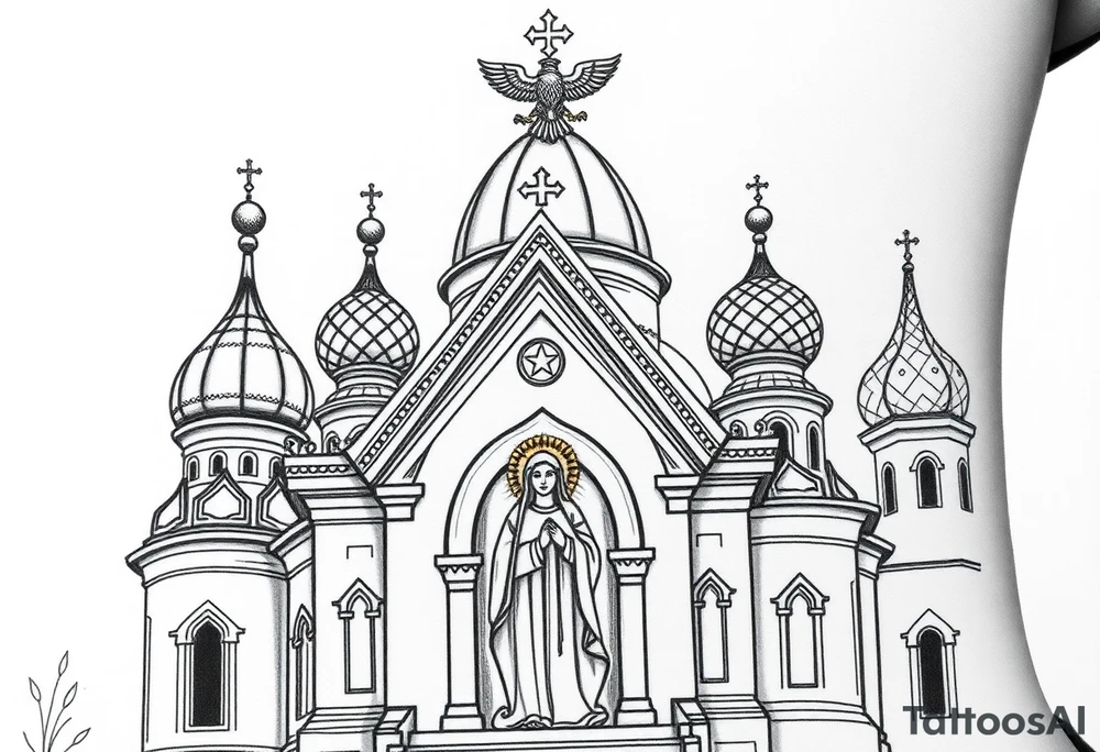 Flowing Scene

A onion domes orthodox church
Virgin Mary in prayer pose on the front doors of the russian orthodox church 
A small double headed russian coat of arms eagle or just the star tucked above the dome near the hairline tattoo idea