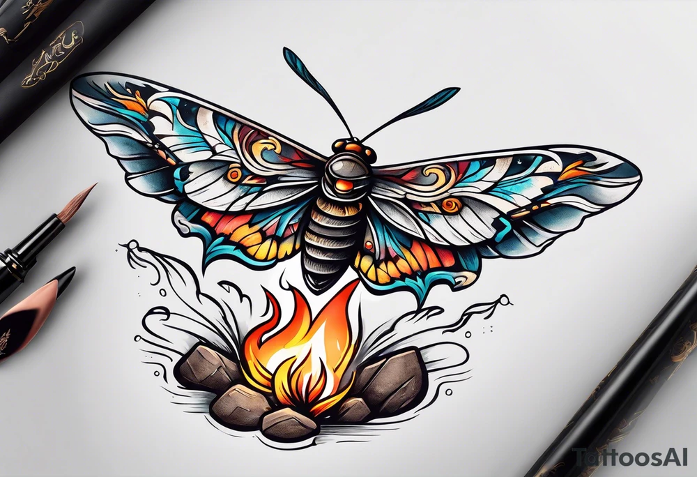 Moth flying near a campfire tattoo idea