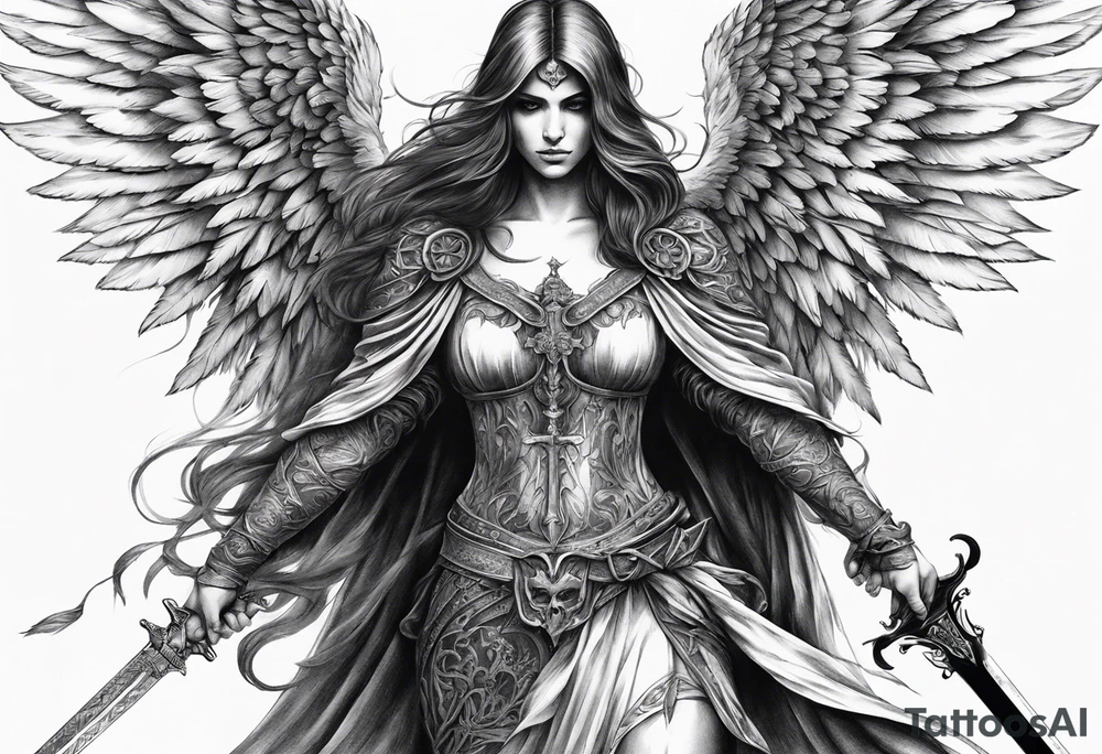 realistic full body of angel of death, fwithout face, holding one sword by both hands, sword is vertically pointing downwards tattoo idea