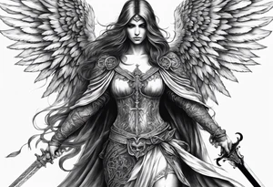 realistic full body of angel of death, fwithout face, holding one sword by both hands, sword is vertically pointing downwards tattoo idea