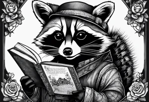 A raccoon drinking tea and reading a book tattoo idea