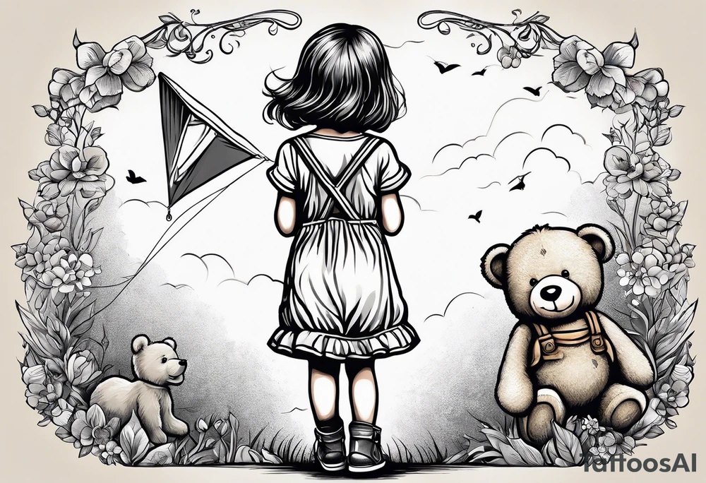 back image of a little girl in a dress, flying a kite and a teddy bear in overalls, standing beside her tattoo idea
