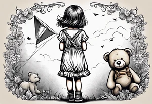 back image of a little girl in a dress, flying a kite and a teddy bear in overalls, standing beside her tattoo idea