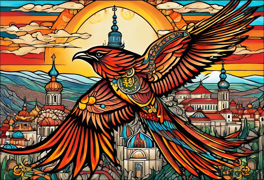 russian firebird in-flight with fancy tail and small onion cap monastery towers in background, incorporate Isaiah 43: 18-19 tattoo idea
