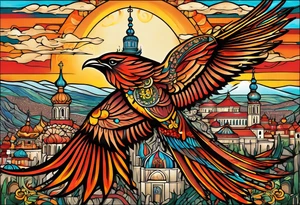 russian firebird in-flight with fancy tail and small onion cap monastery towers in background, incorporate Isaiah 43: 18-19 tattoo idea