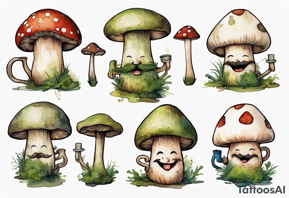 a medieval mushroom with a face and a moss beard and arms and legs drinking from a wood mug, laughing tattoo idea