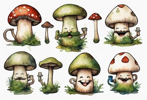 a medieval mushroom with a face and a moss beard and arms and legs drinking from a wood mug, laughing tattoo idea