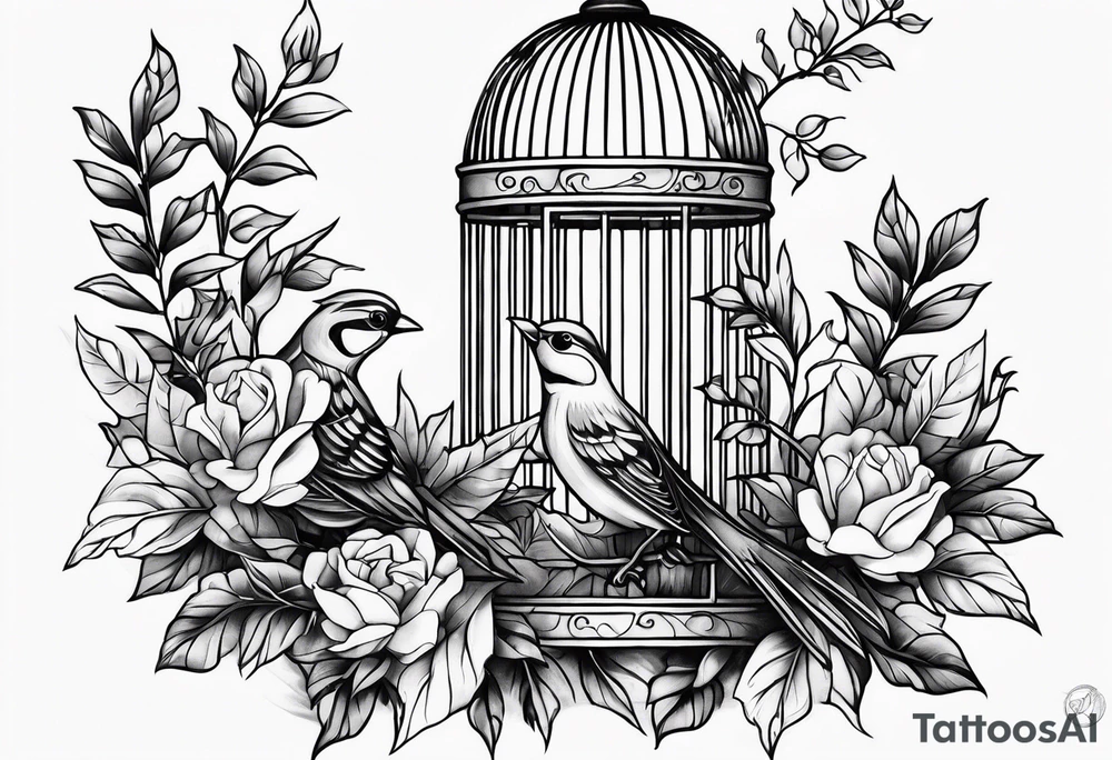 neo traditional foliage on the left top of a bird cage tattoo idea