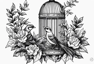 neo traditional foliage on the left top of a bird cage tattoo idea
