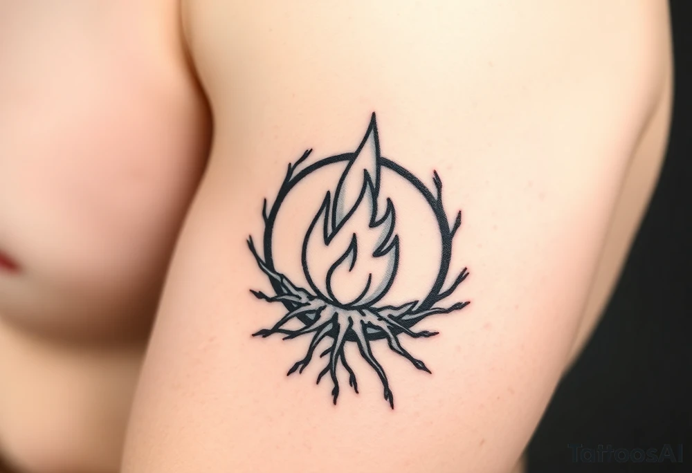 a round flame imprisoned in a roots circle tattoo idea