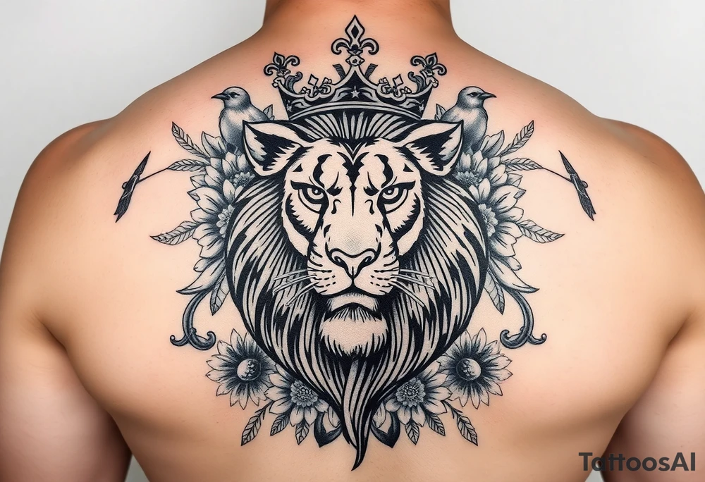powerful majestic lion with a crown, surrounded by floral ornaments and birds tattoo idea