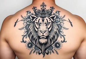 powerful majestic lion with a crown, surrounded by floral ornaments and birds tattoo idea
