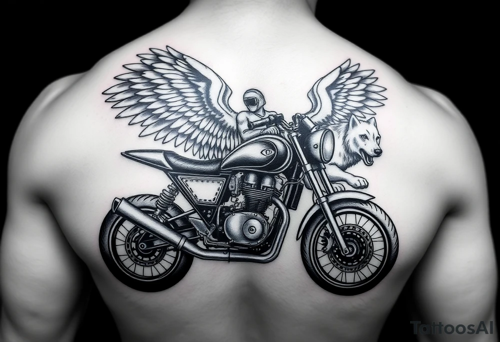 a motorcycle on it with guardian angel wolves on the nike tattoo idea