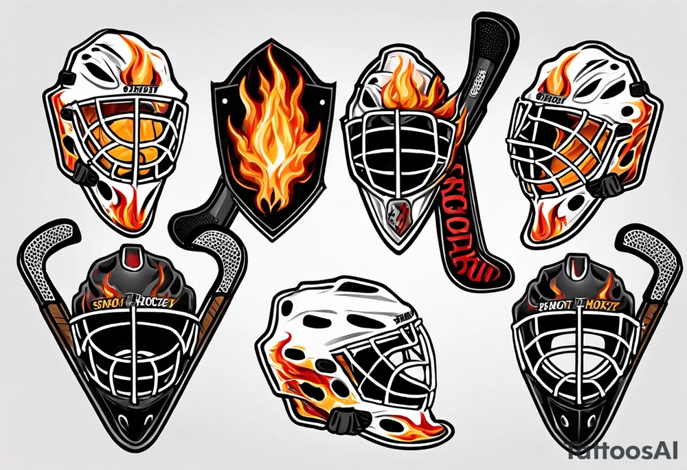 a goalie mask and crossed hockey sticks with flames that says "SHOT HOCKEY" tattoo idea