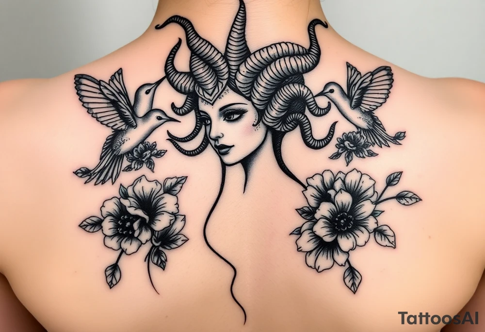 medusa surrounded by hummingbirds and flowers tattoo idea