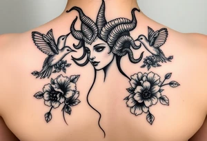 medusa surrounded by hummingbirds and flowers tattoo idea