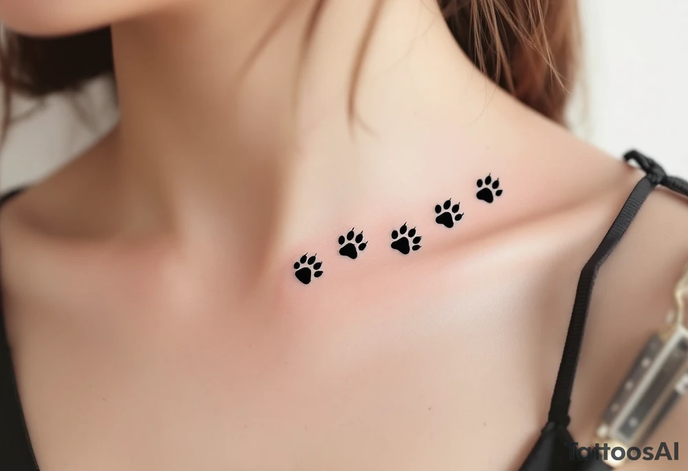 Minimalist Black Ink Paw Prints – A clean trail of small, solid black cat paw prints walking across the collarbone or ankle, representing subtle love and companionship. tattoo idea