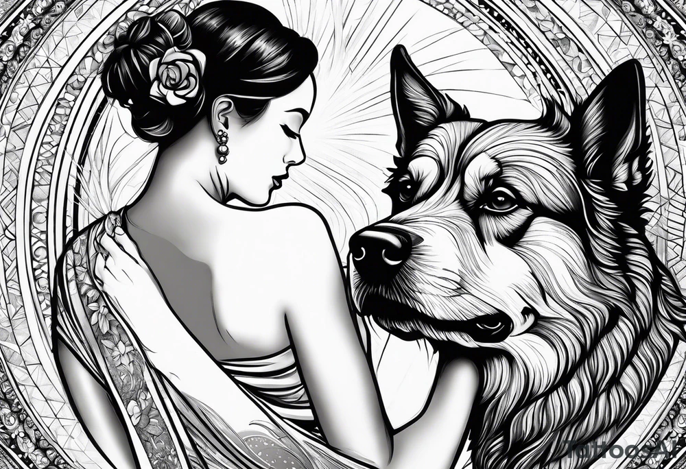 dog reaching hand of a woman and woman as her back facing us tattoo idea