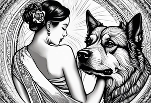 dog reaching hand of a woman and woman as her back facing us tattoo idea