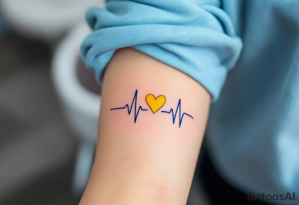 A blue EKG tattoo around the arm with a bright yellow heart, capturing the pulse of love and happiness. tattoo idea