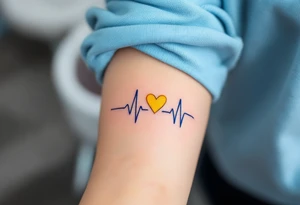 A blue EKG tattoo around the arm with a bright yellow heart, capturing the pulse of love and happiness. tattoo idea