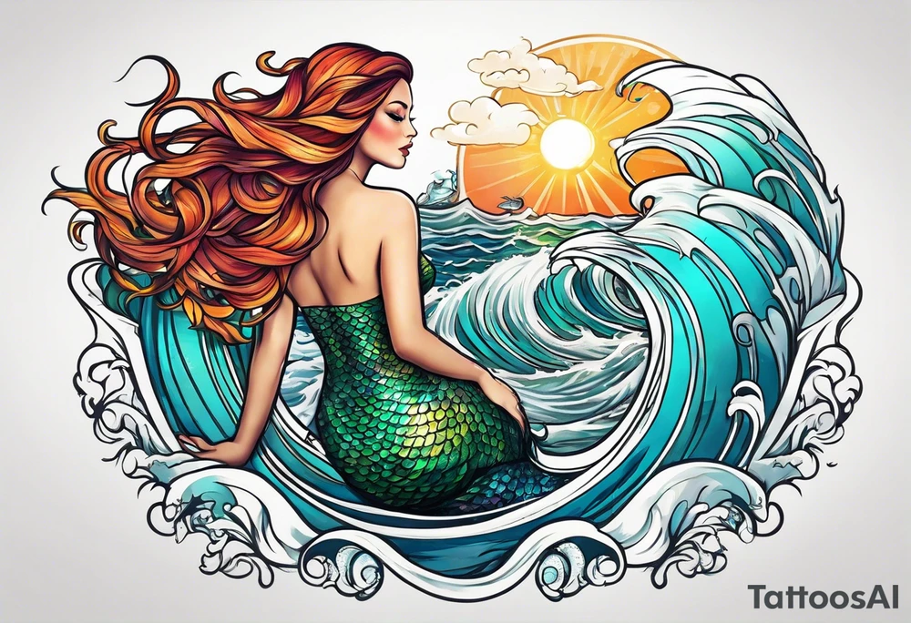 Mermaid waves sun booty tattoo idea