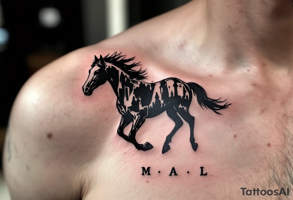 horse silhouette 
from the front which gallops from the front, with the 3 small letters discreetly integrated: M, A, L tattoo idea