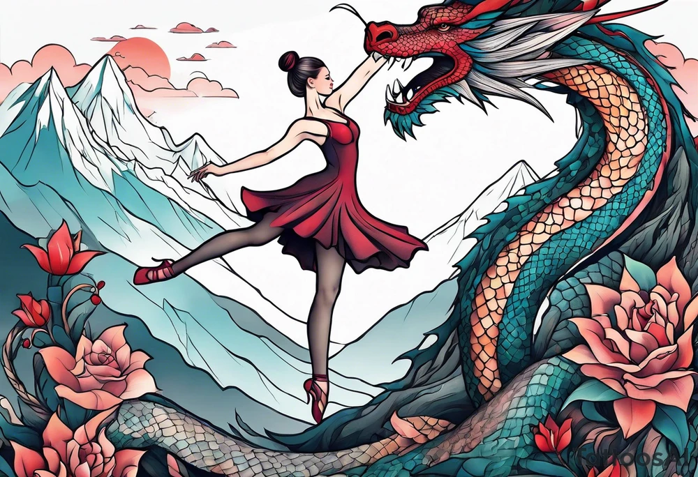 ballerina dancing with dragon in the mountains tattoo idea