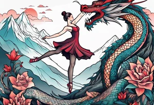 ballerina dancing with dragon in the mountains tattoo idea