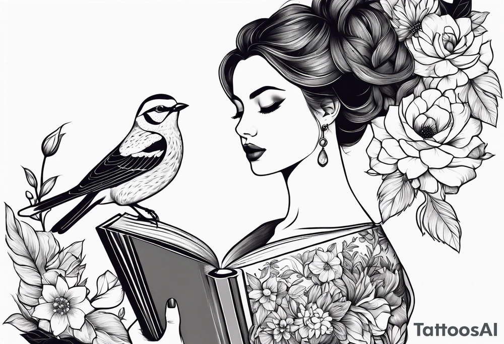 woman holding a book and birds and flowers tattoo idea