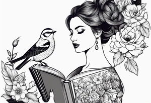 woman holding a book and birds and flowers tattoo idea