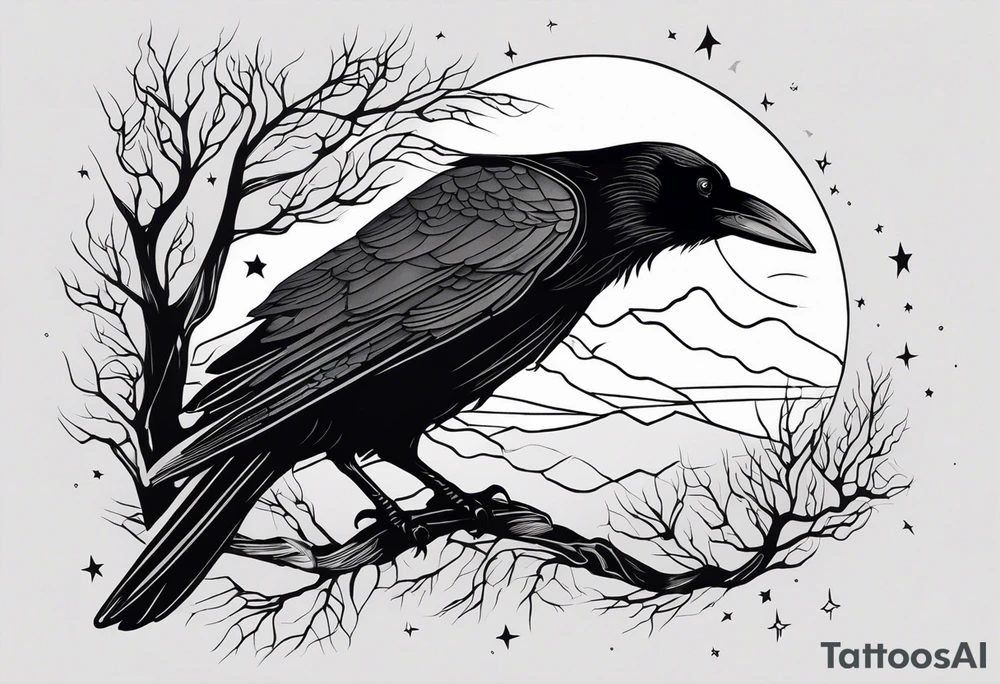 Raven in flifht, head down, knowing, ethereal, moon stars and trees in the background tattoo idea