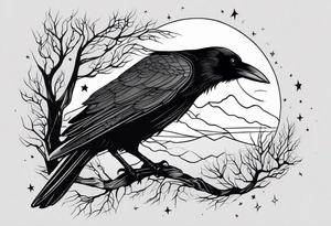 Raven in flifht, head down, knowing, ethereal, moon stars and trees in the background tattoo idea