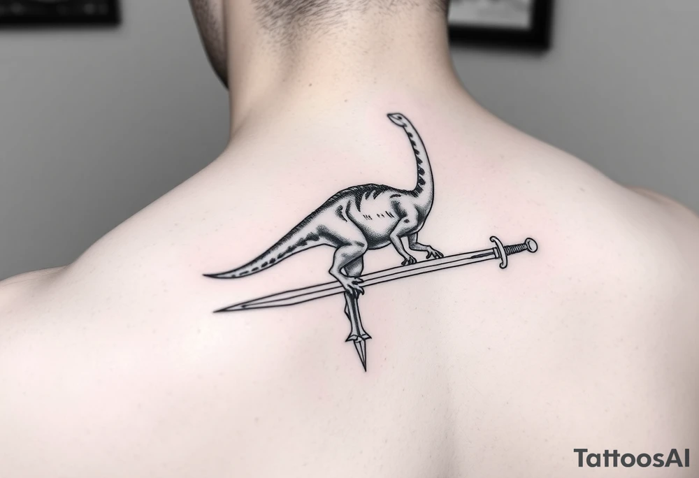 Tattoo on forearm with Brachiosaurus dinosaur on handle bar of a fingolfin sword. tattoo idea